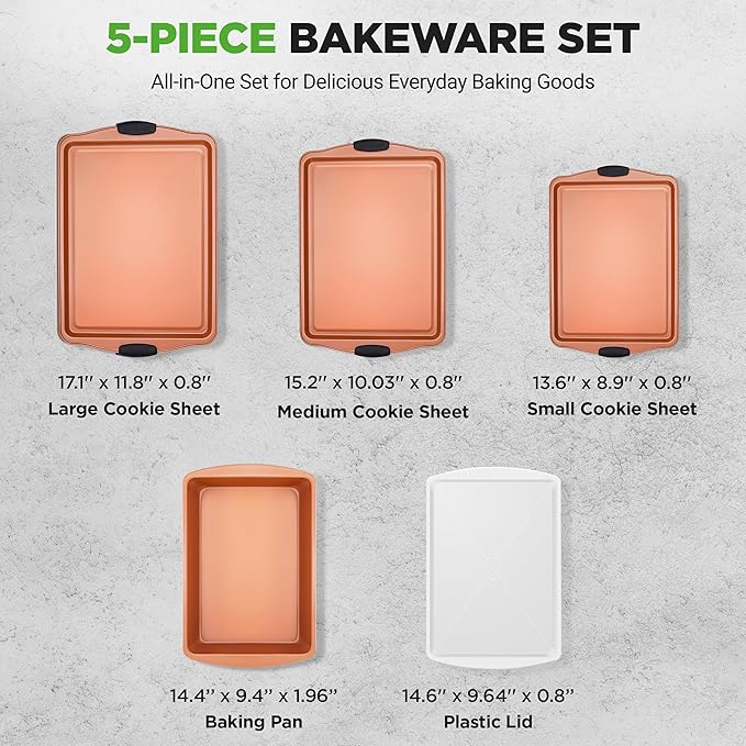 NutriChef 5 Piece Baking Pan Set - PFOA, PFOS, PTFE Free Flexible Nonstick Carbon Steel Bakeware