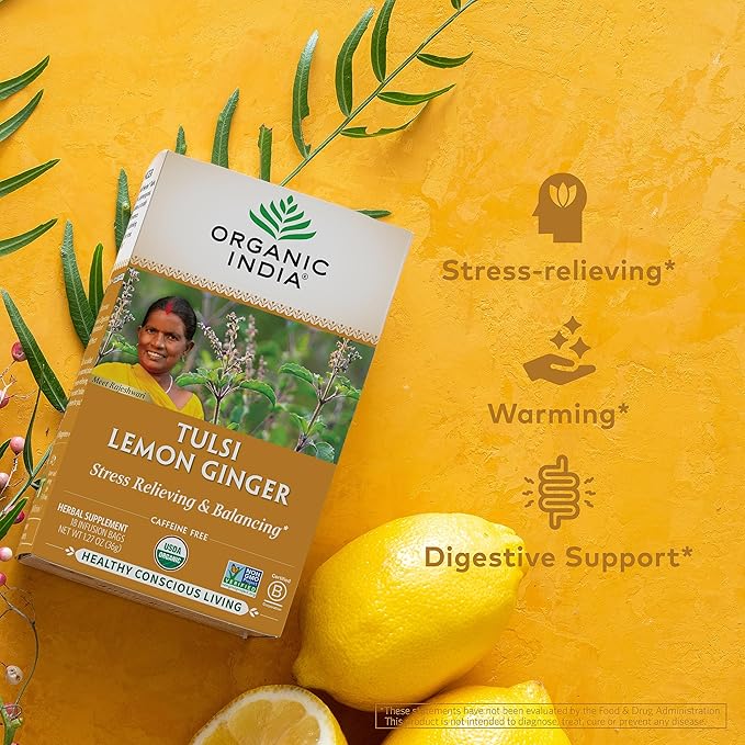 ORGANIC INDIA Tulsi Lemon Ginger Tea Bags - Herbal Tea, Stress Relieving & Reviving, Immune