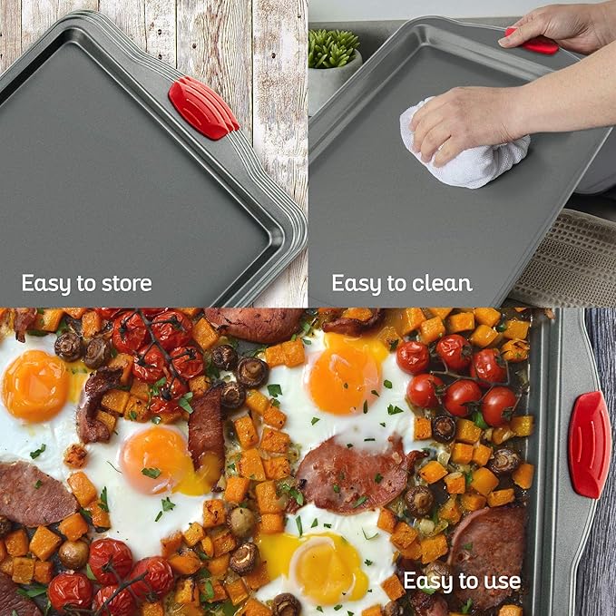 Premium Nonstick Baking Sheet Pans – Set of 3, Heavy-Gauge Carbon Steel, Warp, Dent, and