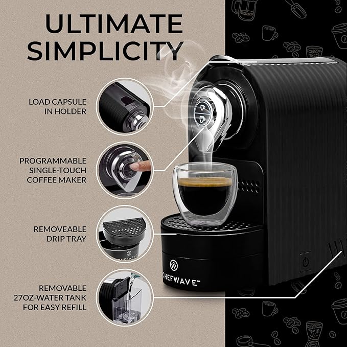 ChefWave Espresso Machine and Coffee Maker (Black) - Compatible with Nespresso Capsules