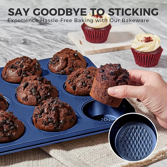 HONGBAKE 9-Piece Baking Pans Set Nonstick, Stackable Non Toxic Bakeware Sets with Diamond Texture