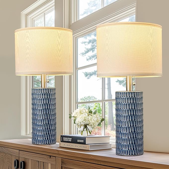 Table Lamps for Living Room Set of 2, Ceramic Table Lamps for Bedroom, 20" Modern Lamps for Night