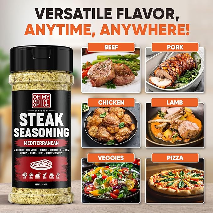 Steak Seasoning Pizza Seasoning Blend Mix - Gluten Free & Low Sodium Italian Seasonings for Beef &