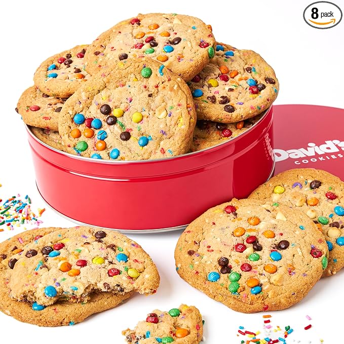 David's Cookies Fresh Baked Decadent Jumbo Birthday Gourmet Cookies – 2lb Gift Basket Tin with 8