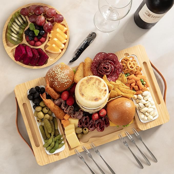 Bamboo Charcuterie Boards Gift Set with Magnetic Removable Side Trays, Fruit Tray, Handles