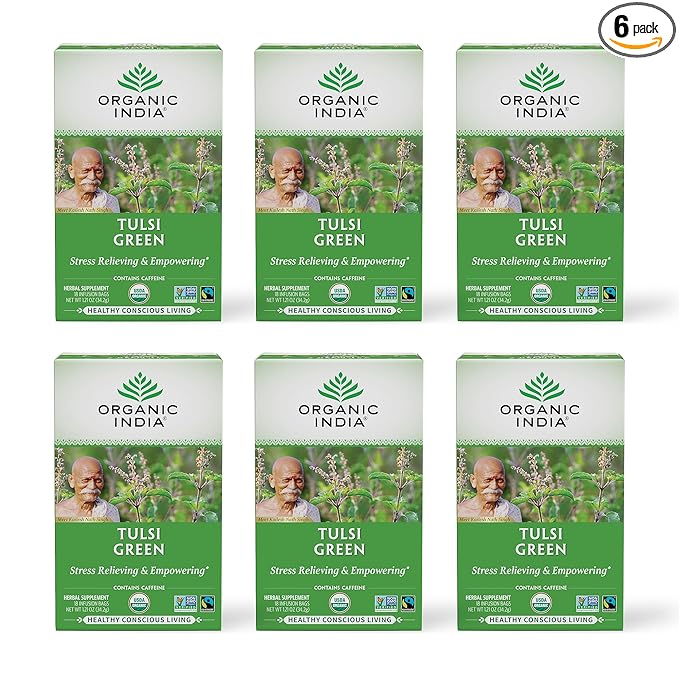 Organic India Tulsi Green Tea Bags - Holy Basil Tea, African Basil, Stress Relieving, Immune