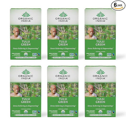 Organic India Tulsi Green Tea Bags - Holy Basil Tea, African Basil, Stress Relieving, Immune