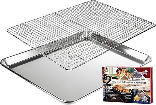 KITCHENATICS Aluminum Jelly Roll Pan 15x10 and Stainless Steel Rack Set, Baking Pan with Rack for