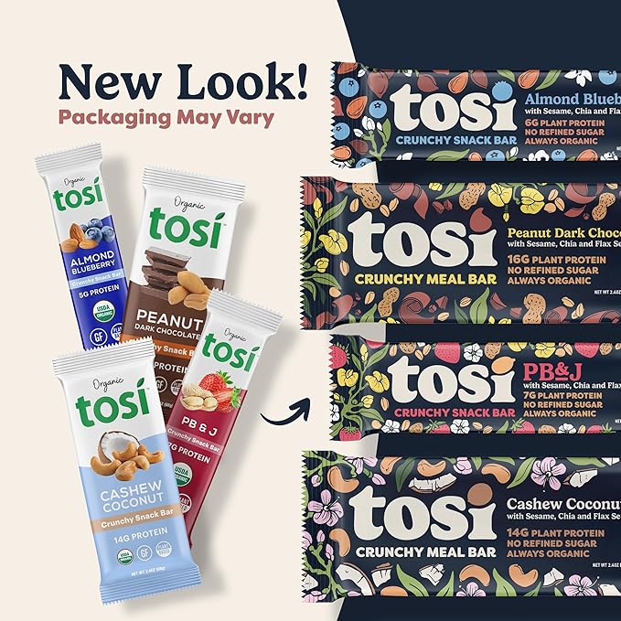 Tosi Almond Protein Bars, Plant Based with Nuts, Gluten-Free Crunchy Snacks, Vegan, Organic, Flax &