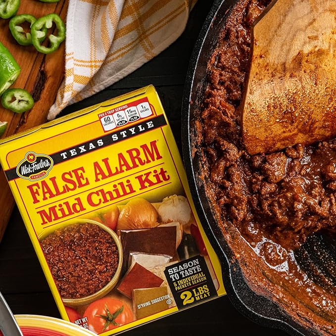 Wick Fowler's False Alarm Mild Chili Kit, Texas Style Chili Seasoning Mix with Individual Packs of