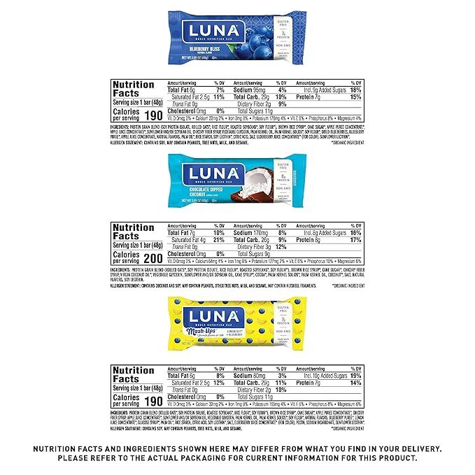 LUNA Bar - Variety Pack - 6 Flavors - Snack Bars - Non-GMO - Gluten-Free Protein Bars - Made with