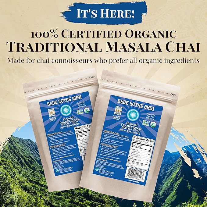 Blue Lotus Chai – Fully Organic Traditional Masala Chai - Makes 265 Cups – Just Add Hot Water, No