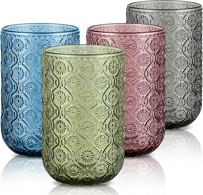 Joeyan Vintage Drinking Glasses,Embossed Floral Highball Glass Water Tumbler,14 oz Colored