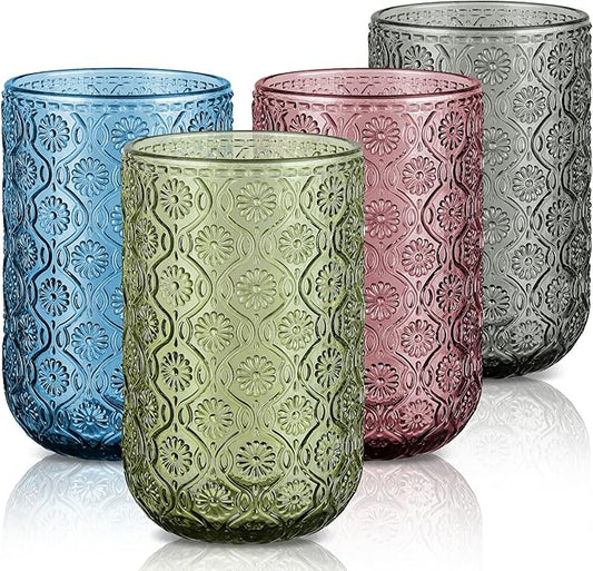Joeyan Vintage Drinking Glasses,Embossed Floral Highball Glass Water Tumbler,14 oz Colored