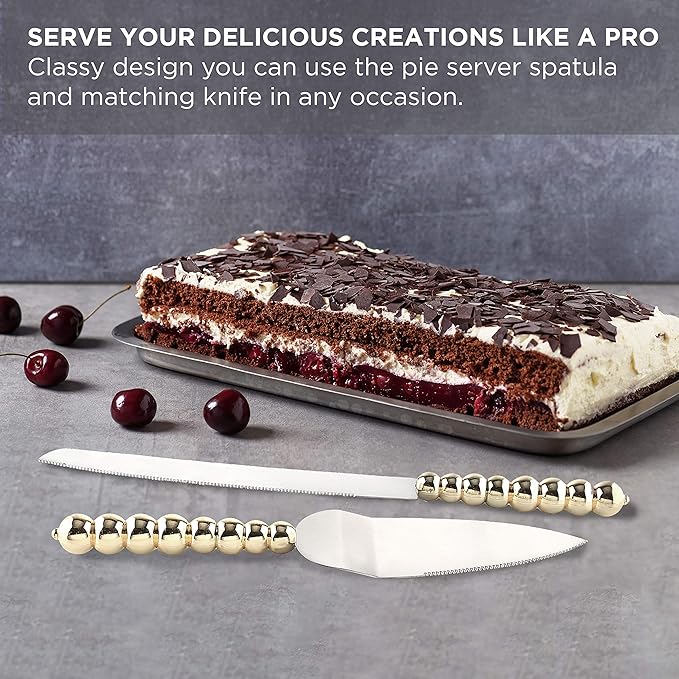 Homi styles wedding cake knife and server set | Elegant Gold Color With Beaded Handles & Premium