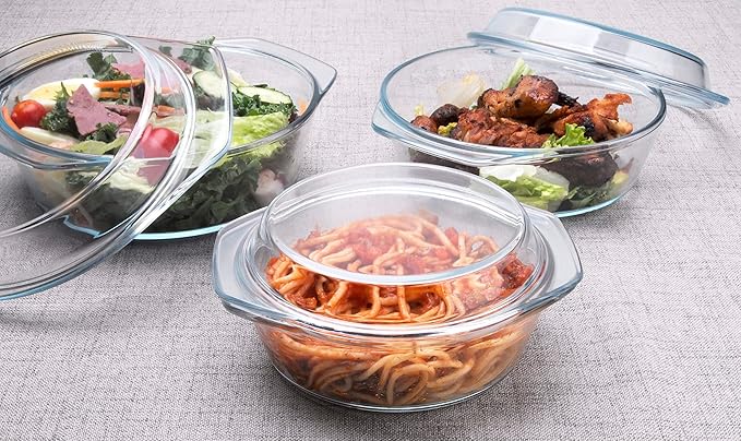 Set of 6 Pieces Round Tempered Glass Casserole Dish with Lids, Glass Casserole Baking Dish Set for