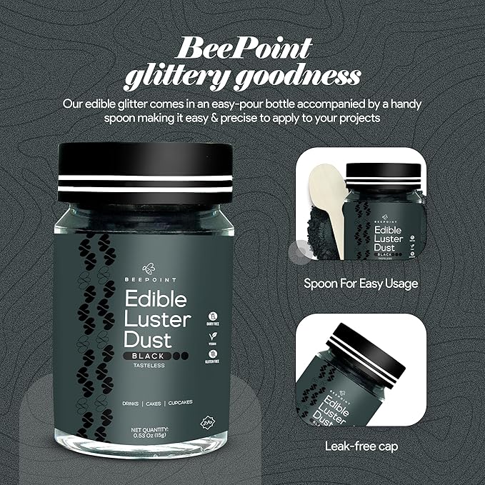 BeePoint Black Edible Luster Dust 15g - Food Grade, Vibrant Color Shimmer Powdered Dust for Drinks