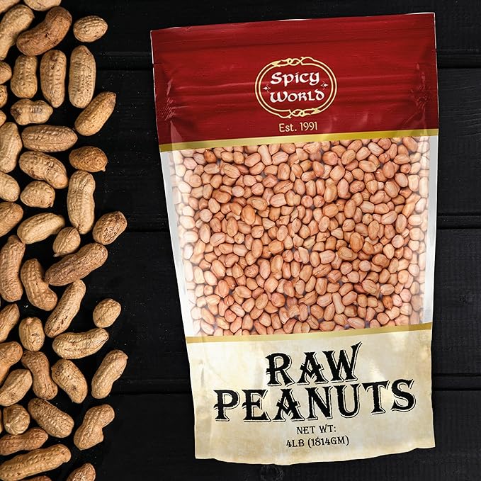 Spicy World Peanuts, Raw Whole With Skin (Uncooked, Unsalted) 4 Pound (64oz) ~ All Natural - USA