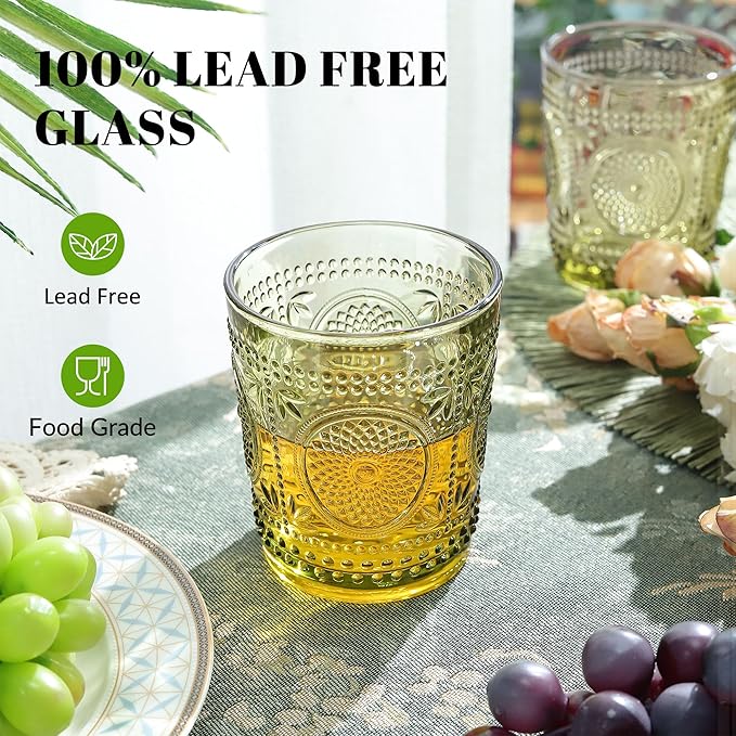 Joeyan Green Vintage Drinking Glasses,Embossed Small Sunflower Water Glass Tumbler,11oz Colored
