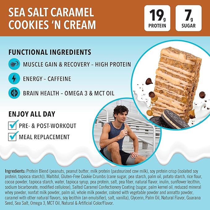 JiMMYBAR! - Sea Salt Caramel Cookies N' Cream - 19g High Protein Bars - 7g Sugar - 12 Count - 58g
