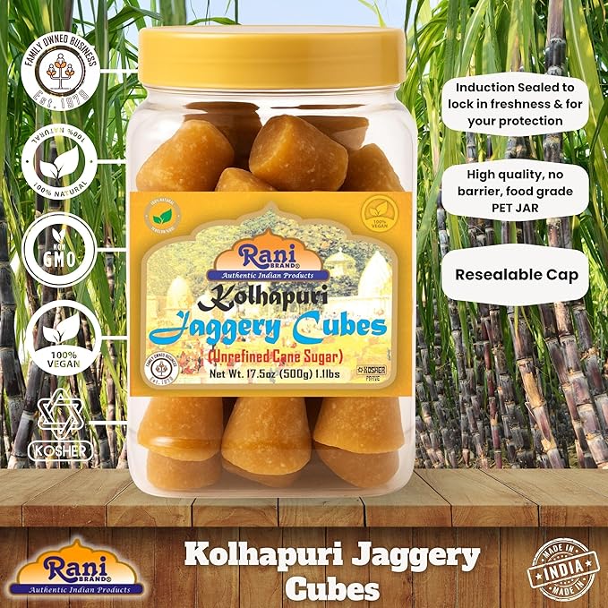 Rani Kolhapuri Jaggery Cubes (Unrefined Cane Sugar) 17.5oz (1.1lbs) 500g PET Jar ~ All Natural, No