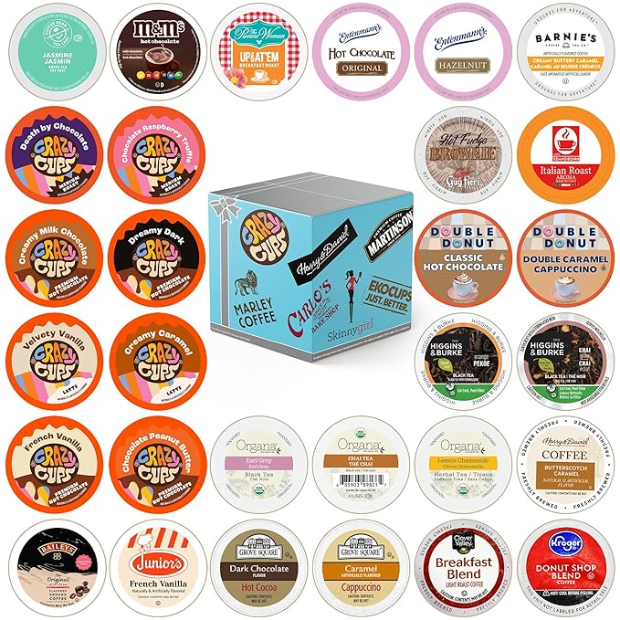 Variety Pack of Coffee, Tea, Hot Chocolate and Cappuccino, Sampler of Single Serve Coffee, Tea, Hot
