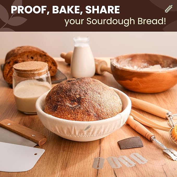 BAKERIA 9" Banneton Proofing Basket Kit (Round) ??Sourdough Bread Making Set with Danish Whisk