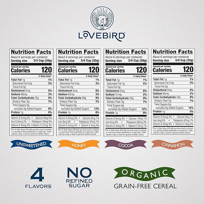 Lovebird Organic Gluten Free Cereal, Variety Pack 2 ??Prebiotic Fiber, Gut Health, Low Sugar, Grain