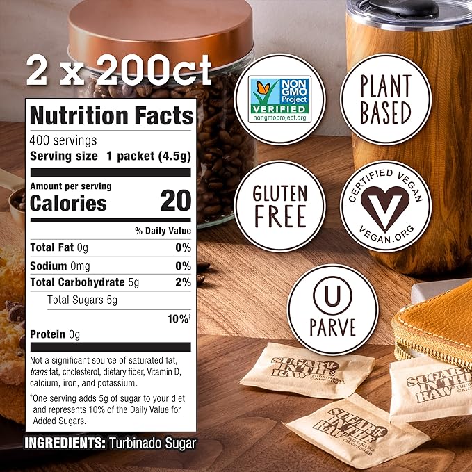 Sugar In The Raw Granulated Turbinado Cane Sugar On The Go Packets, No Erythritol, Pure Natural