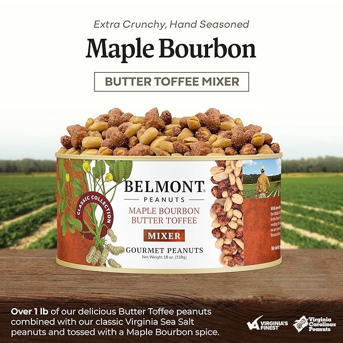 Belmont Peanuts Gourmet Maple Bourbon Butter Toffee Mixer with Maple Bourbon-Spiced Sea Salt and