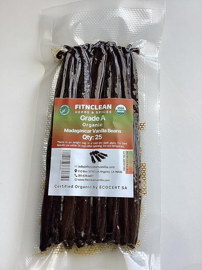 25 Organic Madagascar Vanilla Beans Grade A for Extract, Cooking and Baking by FITNCLEAN VANILLA|