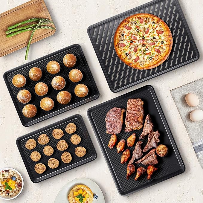 4 Pack Baking Sheet Pan Set Non Stick, Carbon Steel Cookie Sheets for Baking with Wire Rack
