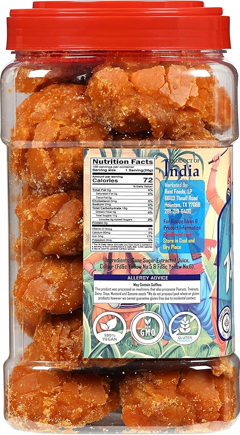 Rani Pesi Gur (Jaggery) Indian Unrefined Raw Cane Sugar 70oz (4.4lbs) 2kg PET Jar ~ Gluten Friendly