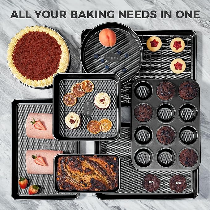 HONGBAKE 9-Piece Baking Pans Set Nonstick, Stackable Non Toxic Bakeware Sets with Diamond Texture
