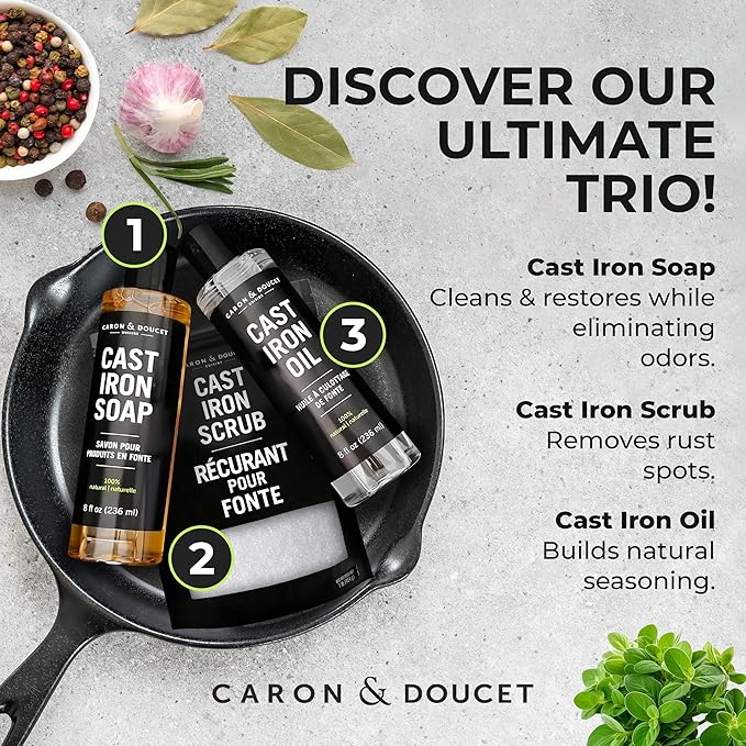 CARON & DOUCET ??Ultimate Cast Iron Set PLUS: Seasoning Oil, Cleaning Soap & Restoring Scrub | 100%