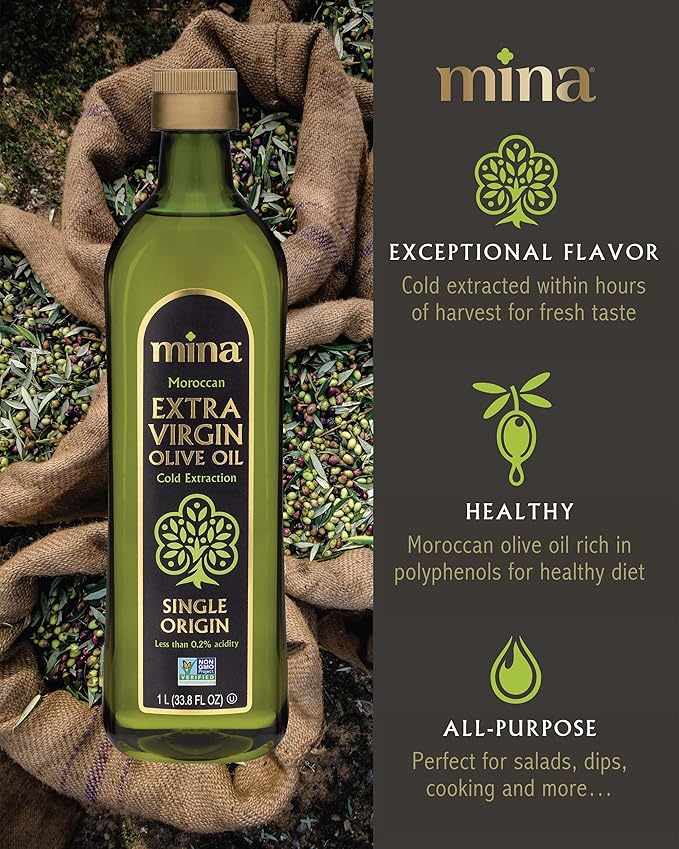Mina Olive Oil Extra Virgin 33.8 Fl Oz, New Harvest, Polyphenol Rich Olive Oil for Cooking