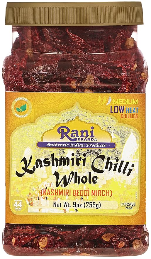 Rani Kashmiri Chilli Whole (Deggi Mirch, Low Heat) 9oz (255g) PET Jar ~ Natural | Salt-Free | Vegan