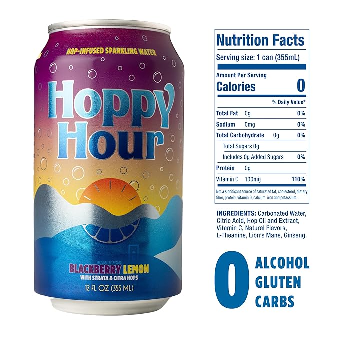 Hoppy Hour Sparkling Hop Water, Non-Alcoholic and Adaptogens Drink, Zero Sugar and Calories