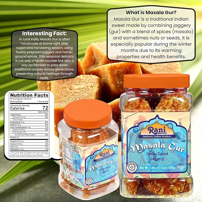 Rani Masala Gur (Jaggery) Indian Unrefined Raw Cane Sugar 17.5oz (1.1lbs) 500g PET Jar ~ Gluten