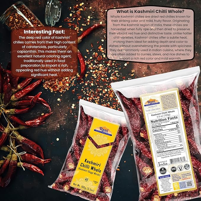 Rani Kashmiri Chilli Whole (Deggi Mirch, Low Heat) 3.5oz (100g) ~ Natural | Salt-Free | Vegan | No