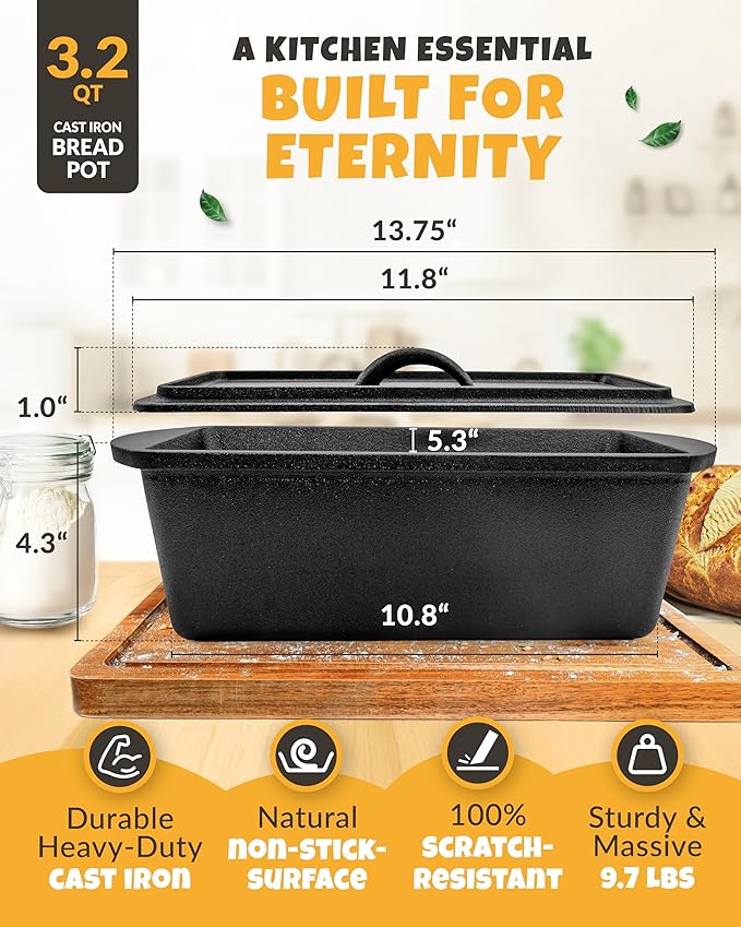 Rectangular Cast Iron Dutch Oven for Bread Baking - incl. Sourdough Bread-Baking Supplies - 3.2QT