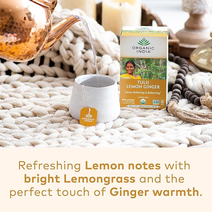 ORGANIC INDIA Tulsi Lemon Ginger Tea Bags - Herbal Tea, Stress Relieving & Reviving, Immune