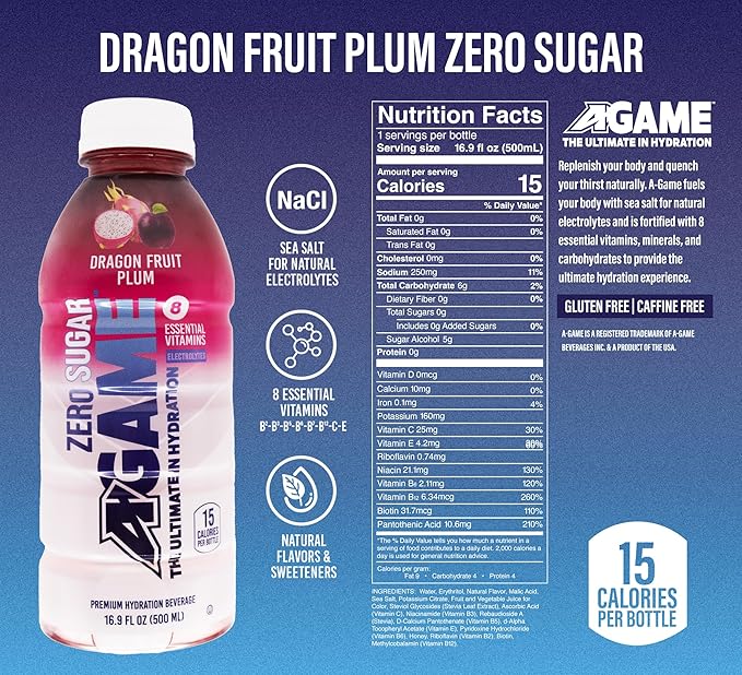 A-GAME Zero Sugar Sports Drink, Dragon Fruit Plum Zero Sugar, The Ultimate Sugar Free Hydration