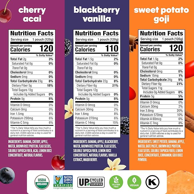 Noka Superfood Fruit Smoothie Pouches Variety Pack, Healthy Snacks with Flax Seed, Plant Protein