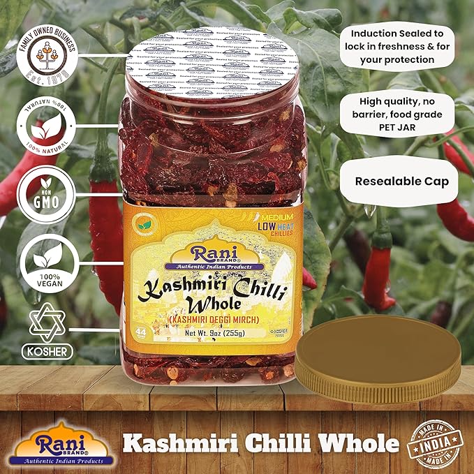 Rani Kashmiri Chilli Whole (Deggi Mirch, Low Heat) 9oz (255g) PET Jar ~ Natural | Salt-Free | Vegan