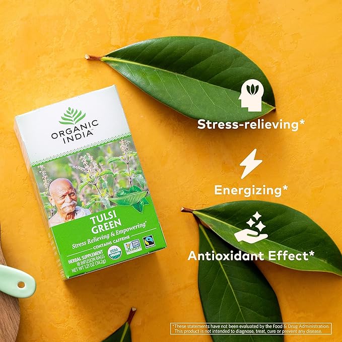 Organic India Tulsi Green Tea Bags - Holy Basil Tea, African Basil, Stress Relieving, Immune