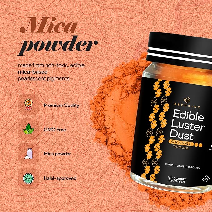 BeePoint Orange Edible Luster Dust 15g - Food Grade, Vibrant Color Shimmer Powdered Dust for