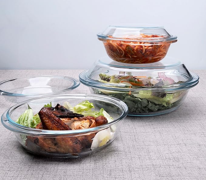 Set of 6 Round Glass Casserole Dishes, Nesting Glass Baking Dish Set with Lid, Oven, Freezer and