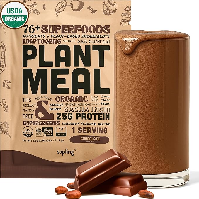 Plant Meal Replacement Shake - Chocolate - 25g of Plant Based Vegan Protein Powder, 76+ Organic