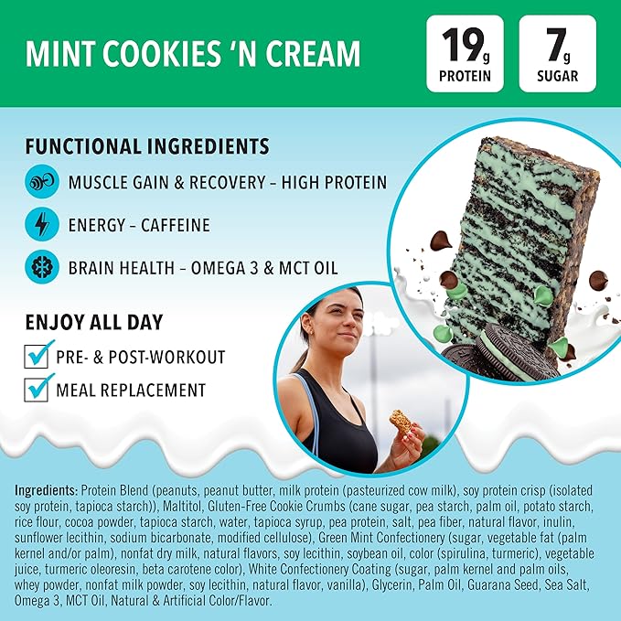 JiMMYBAR! Mint Cookies N Cream - 19g Protein Bars - 7g Low Sugar- 12 Count - 58g Health Bars